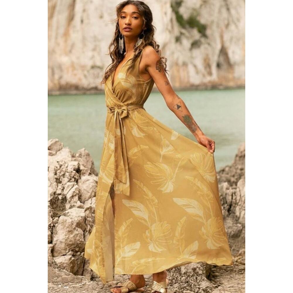 Joyfolie Mia Joy Mariam Dress in Palm Mustard, Maxi, Women's Size XS